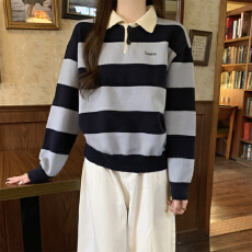 批发实拍实价 秋冬韩版百搭撞色条纹polo领设计<b class='q'>北极</b><b class='q'>绒</b>针织衫长袖毛衣