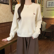 批发实拍实价 秋冬韩版慵懒宽松圆领刺绣北极绒加厚套头毛衣针织衫女