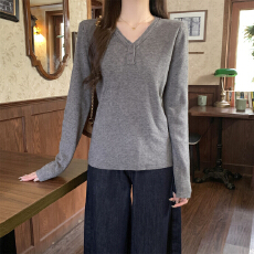 实拍实价 秋冬韩版休闲百搭V领正肩纽扣设计感安迪绒内搭针织衫女