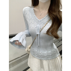 批发实拍实价 秋冬韩版甜美v领麻花系带喇叭袖安迪绒针织衫打底毛衣