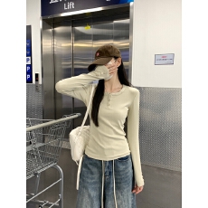 实拍实价 春季韩版方领纽扣设计感修身显瘦长袖内搭T恤打底上衣女
