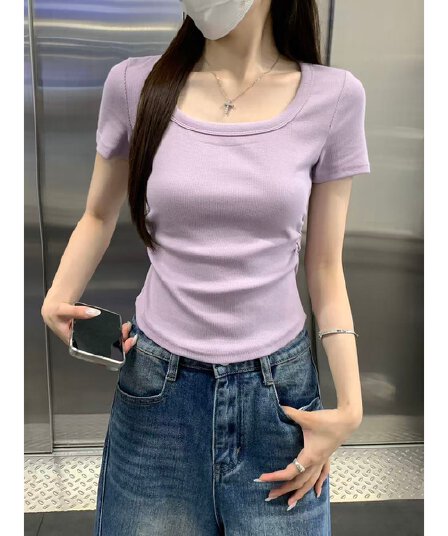 실사 정가 봄 여름 한국 스타일 품격 광장 칼라 몸매 가꾸기 주름 슬림해 보이는 쇼트 스타일 인사이드 가져 가라. 반팔 티셔츠 만나는 맨위