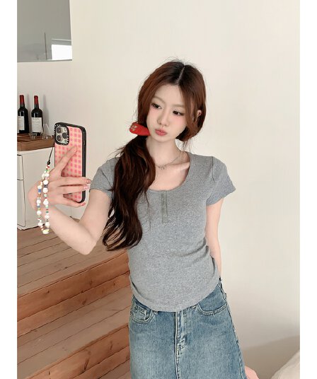 실사 정가 봄 여름 한국 스타일 품격 몸매 가꾸기 단추 u 칼라 긍정적 인 어깨 단색 다용도 반팔 티셔츠 만나는 맨위