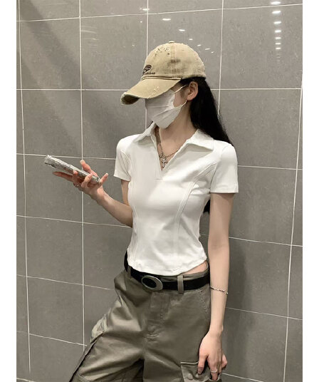 실사 정가 봄 여름 한국 스타일 POLO 칼라 생선뼈 몸매 가꾸기 허리 수축 긍정적 인 어깨 쇼트 스타일 핫걸 반팔 티셔츠 맨위 여성