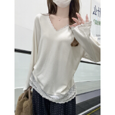 批发实拍实价 春季韩版v领蕾丝边拼接双层裙摆<b class='q'>宽松</b>德绒内搭T恤上衣