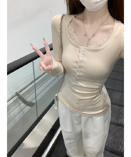 실사 정가 봄 한국 스타일 품격 부드러운 레이스 조각 광장 칼라 몸매 가꾸기 양모 긴팔 티셔츠 만나는 맨위