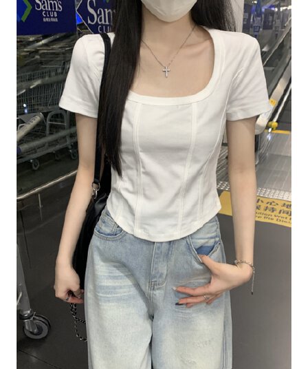 실사 정가 여름 한국 스타일 순수한 욕망 광장 칼라 긍정적 인 어깨 생선뼈 몸매 가꾸기 슬림해 보이는 다용도 반팔 티셔츠 쇼트 스타일 맨위
