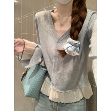 批发实拍实价 春夏韩版撞色v领雪纺拼接喇叭袖竹节麻防晒针织开衫上衣