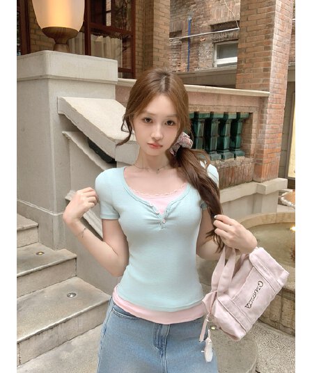 실사 정가 여름 한국 스타일 달콤함 연령 감소 레이스 조각 페이크 레이어드 몸매 가꾸기 슬림해 보이는 반팔 티셔츠 맨위 여성