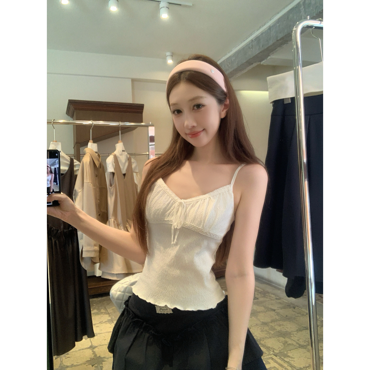 실사 정가 여름 한국 스타일 달콤함 연령 감소 프릴 V넥 레이스업 레이스 레이스 캐미솔 여성 셔츠