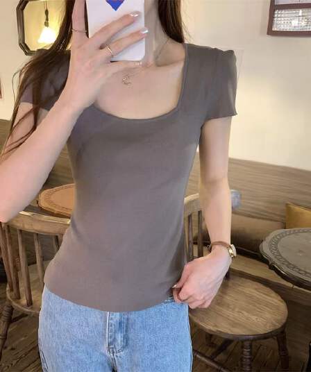 실사 정가 여름 한국 스타일 순수한 욕망 광장 칼라 몸매 가꾸기 허리 수축 슬림해 보이는 미니멀리즘 다용도 니트 스웨터 반팔 맨위