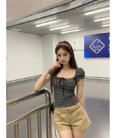 실사 정가 여름 한국 스타일 품격 광장 칼라 몸매 가꾸기 슬림해 보이는 레트로 배색 스트라이프 스트랩 반팔 티셔츠 맨위