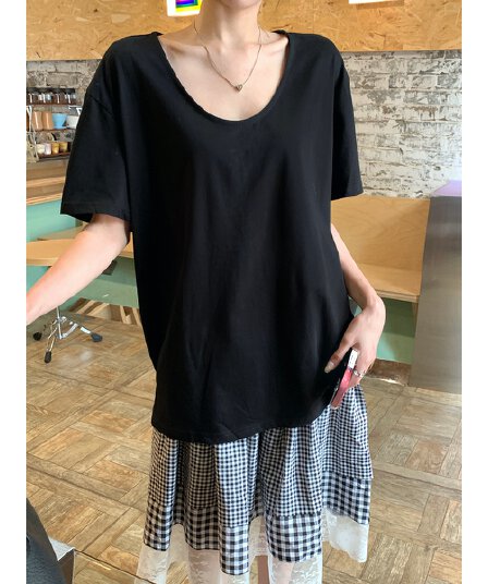 실사 정가 여름 한국 스타일 느슨함 센스 루즈핏 다용도 u 칼라 슬림해 보이는 긍정적 인 어깨 눈꽃 면 반팔 티셔츠 맨위
