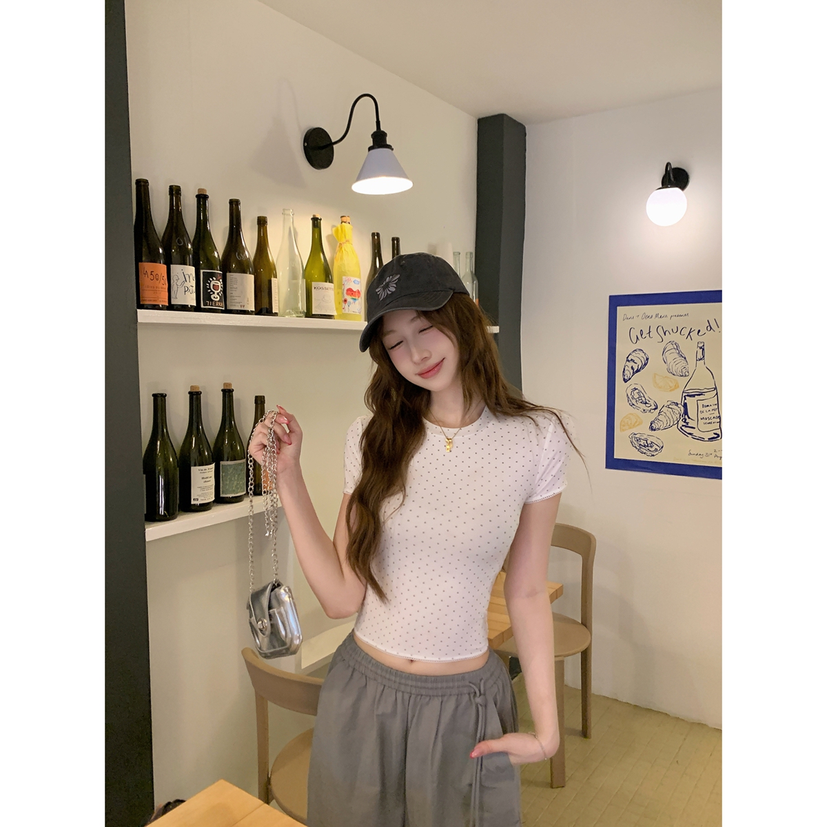 실사 정가 여름 한국 스타일 도트 무늬 연령 감소 레이스 조각 라운드 넥 몸매 가꾸기 쇼트 스타일 라이 경기 서울 반팔 티셔츠 여성