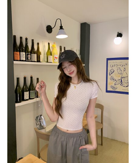 실사 정가 여름 한국 스타일 도트 무늬 연령 감소 레이스 조각 라운드 넥 몸매 가꾸기 쇼트 스타일 라이 경기 서울 반팔 티셔츠 여성