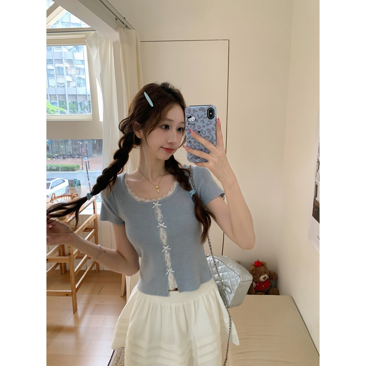 실사 정가 여름 한국 스타일 달콤한 미국 칼라 홀로우 아웃 레이스 조각 페이크 레이어드 6 양모 반팔 티셔츠 맨위