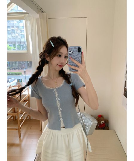 실사 정가 여름 한국 스타일 달콤한 미국 칼라 홀로우 아웃 레이스 조각 페이크 레이어드 6 양모 반팔 티셔츠 맨위