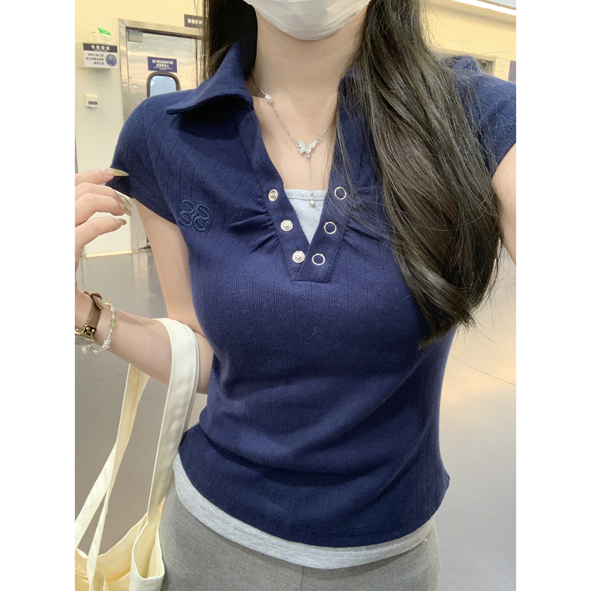 실사 정가 여름 한국 스타일 페이크 레이어드 polo 배색 몸매 가꾸기 핫걸 자카드 디자인 센스 반팔 티셔츠 맨위