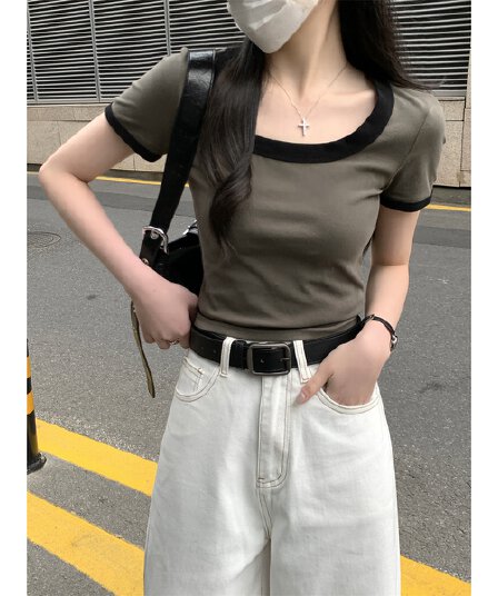 실사 정가 여름 한국 스타일 품격 광장 칼라 몸매 가꾸기 긍정적 인 어깨 배색 슬림해 보이는 다용도 쇼트 스타일 티셔츠 반팔 맨위