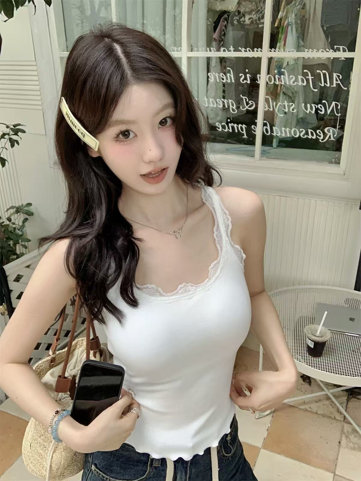 실사 정가 여름 한국 스타일 몸매 가꾸기 섹시함 레이스 조각 벨트 가슴 패드 순면 캐미솔 인사이드 잡아라. 의류