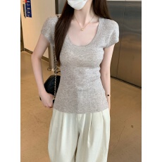 批发实拍实价 夏季韩版U领纯色简约基础百搭修身显瘦短袖针织衫上衣