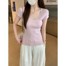 批发实拍实价 夏季韩版U领纯色简约基础百搭修身显瘦短袖针织衫上衣