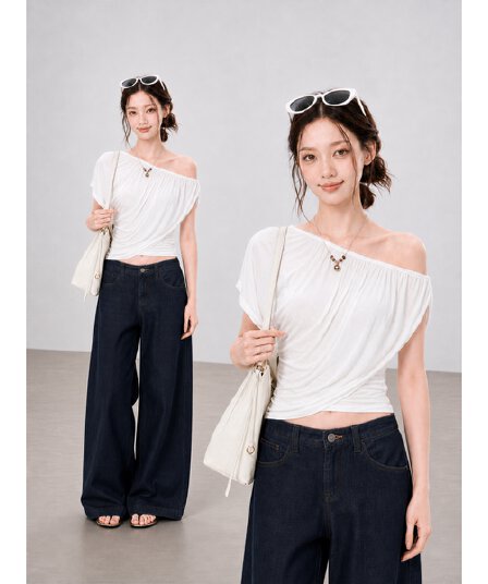 한 부서 품격 비스듬한 어깨 주름 티셔츠 여성 여름 페이크 레이어드 디자인 센스 몸매 가꾸기 순수한 욕망 오프숄더 패션 짧은 맨위