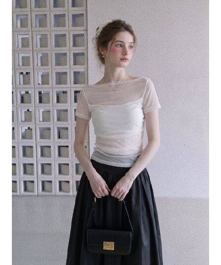 한 부서 디자인 센스 망사 패치워크 반팔 티셔츠 여성 여름 새로운 작은 대중 고유 한 Chic 몸매 가꾸기 슬림해 보이는 맨위