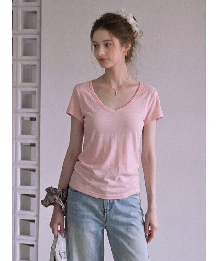 여름 한국 스타일 느슨함 센스 v 칼라 반팔 t 셔츠 여성 새로운 미니멀리즘 느긋한 바람 다용도 통기성 얇은 스타일 맨위