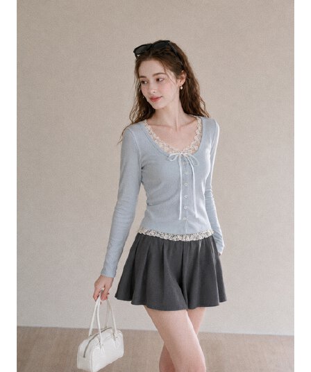 가을 한국 스타일 순수한 욕망 레이스 레이스 패치워크 달콤함 연령 감소 페이크 레이어드 싱글 줄 버튼 디자인 긴팔 티셔츠 맨위