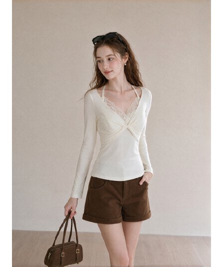 가을 한국 스타일 순수한 욕망 레이스 행침 목 비틀림 V넥 양모 연삭 털 인사이드 가져 가라. 몸매 가꾸기 핫걸 긴팔 티셔츠 맨위