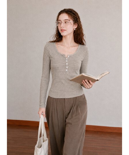 가을 한국 스타일 레트로 스트라이프 단추 u 칼라 긴팔 티셔츠 여성 몸매 가꾸기 인사이드 가져 가라. 기본 셔츠 긍정적 인 어깨 슬림해 보이는 맨위