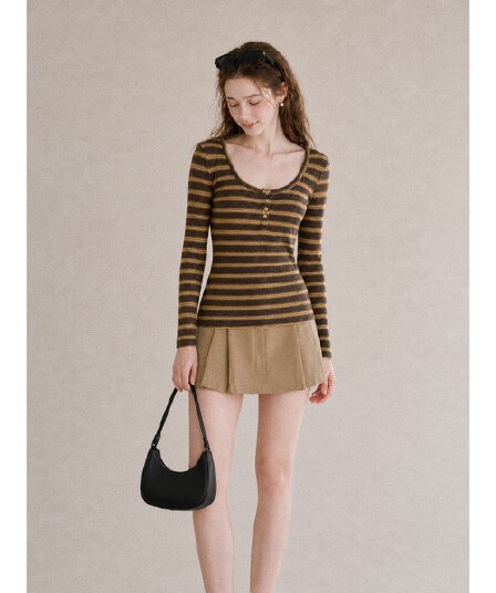 가을 한국 스타일 디자인 센스 배색 스트라이프 단추 u 칼라 양모 인사이드 가져 가라. 몸매 가꾸기 긴팔 티셔츠 만나는 맨위