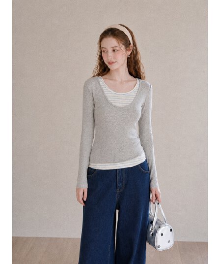 가을 새로운 한국 스타일 회색 페이크 레이어드 패치워크 디자인 긴팔 만나는 티셔츠 여성 미니멀리즘 다용도 스트라이프 맨위