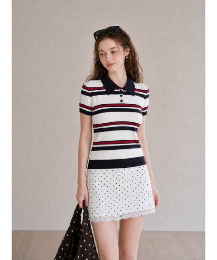 여름 새로운 레트로 배색 스트라이프 POLO 칼라 반팔 니트 스웨터 여성 몸매 가꾸기 슬림해 보이는 학원 스타일 긍정적 인 어깨 의류