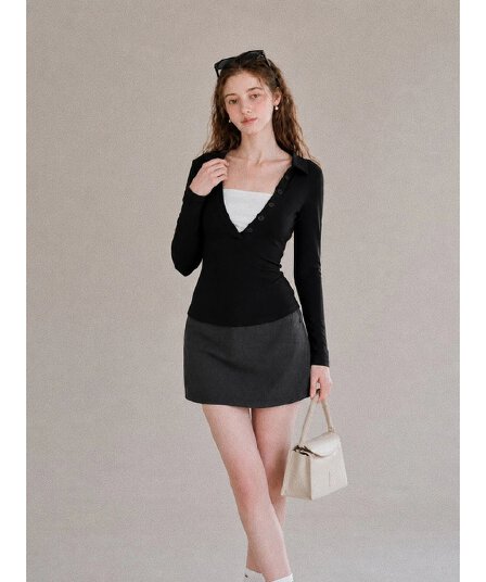 가을 새로운 한국 스타일 품격 몸매 가꾸기 단추 배색 페이크 레이어드 POLO 칼라 긍정적 인 어깨 긴팔 인사이드 가져 가라. 티셔츠 맨위