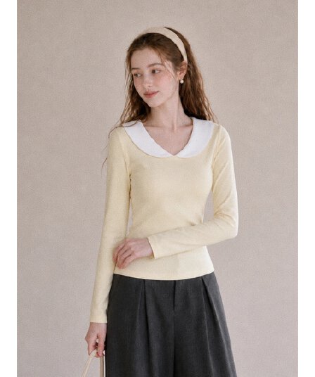 가을 새로운 소녀 학원 스타일 우유 황색 베이비 칼라 티셔츠 여성 몸매 가꾸기 슬림해 보이는 배색 패치워크 긴팔 맨위