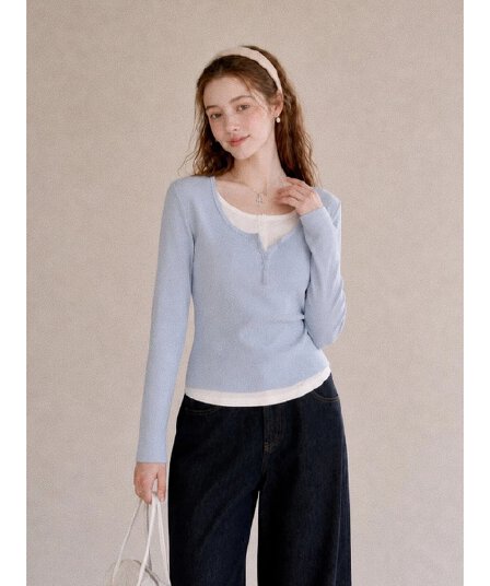 가을 새로운 한국 스타일 순수한 욕망 페이크 레이어드 u 칼라 몸매 가꾸기 슬림해 보이는 단추 디자인 긴팔 기본 셔츠 티셔츠 맨위