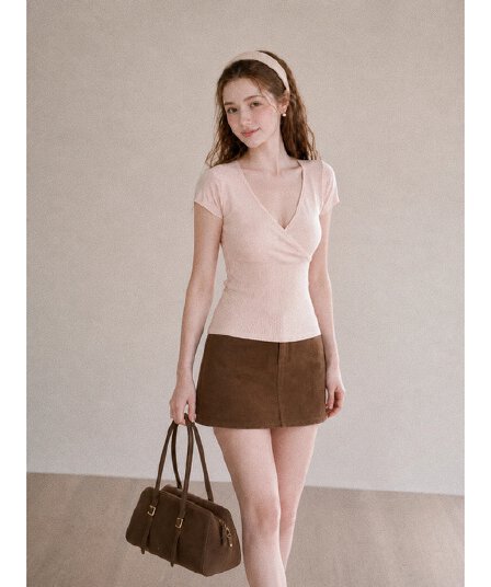 여름 새로운 프랑스식 부드러운 바람 십자가 칼라 여성 몸매 가꾸기 슬림해 보이는 포장 몸 허리 수축 구덩이 기사 반팔 니트 스웨터 맨위