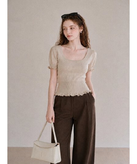 여름 새로운 프랑스식 부드러운 바람 광장 칼라 여성 몸매 가꾸기 슬림해 보이는 프릴 신축성 허리 수축 반팔 니트 스웨터 맨위