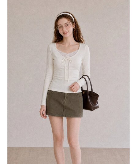 가을 새로운 한 부서 순수한 욕망 바람 V넥 인사이드 가져 가라. 몸매 가꾸기 슬림해 보이는 페이크 레이어드 스타일 레이스 레이스업 긴팔 티셔츠 맨위