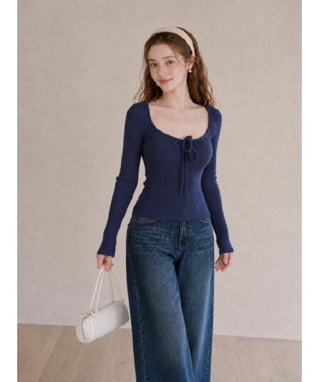 가을 새로운 부드러운 순수한 욕망 바람 u 칼라 티셔츠 여성 몸매 가꾸기 슬림해 보이는 펌프 로프 레이스업 주름 허리 수축 긴팔 맨위