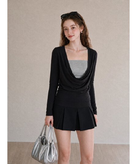 가을 새로운 프랑스식 핫걸 바람 흔들다 칼라 티셔츠 여성 허리 수축 슬림해 보이는 페이크 레이어드 튜브탑 계층의 감각 긴팔 맨위