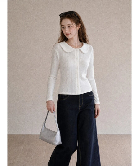 가을 한국 스타일 품격 부드러운 베이비 칼라 달콤함 연령 감소 긴팔 오픈 가디건 t 셔츠 질감 센스 만나는 맨위 여성