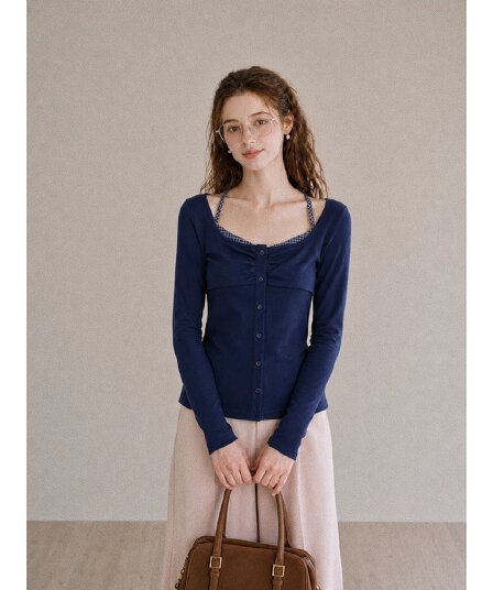 가을 한국 스타일 품격 몸매 가꾸기 핫걸 체크무늬 패치워크 행침 목 페이크 레이어드 광장 칼라 긴팔 만나는 티셔츠 맨위