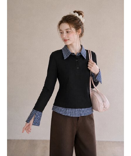 가을 새로운 한 부서 출퇴근 바람 폴로 칼라 티셔츠 여성 몸매 가꾸기 슬림해 보이는 체크무늬 배색 페이크 레이어드 긴팔 맨위