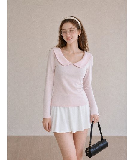 가을 새로운 한 부서 핑크색 소녀 바람 베이비 칼라 티셔츠 여성 몸매 가꾸기 슬림해 보이는 폴로 칼라 디자인 긴팔 맨위