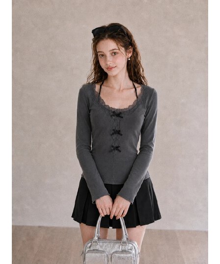 가을 새로운 프랑스식 레이스 레이스 라운드 넥 행침 목 티셔츠 여성 몸매 가꾸기 슬림해 보이는 나비 매듭 만나는 긴팔 맨위