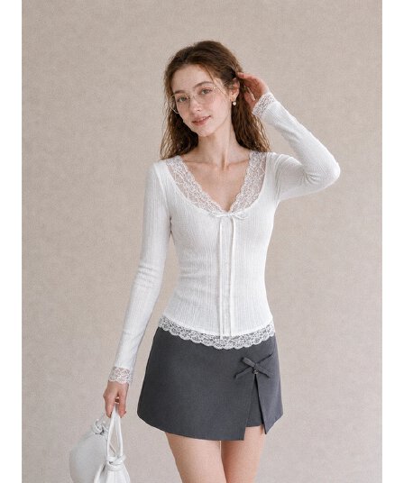 가을 새로운 한국 스타일 순수한 욕망 레이스 V넥 몸매 가꾸기 슬림해 보이는 핫걸 레이스업 주름 자카드 긴팔 티셔츠 맨위