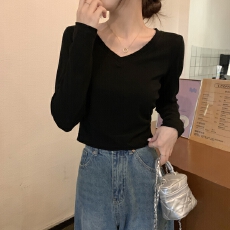 批发实拍实价 早春韩版修身显瘦V领正肩气质内搭长袖T恤<b class='q'>打底衫</b>上衣女